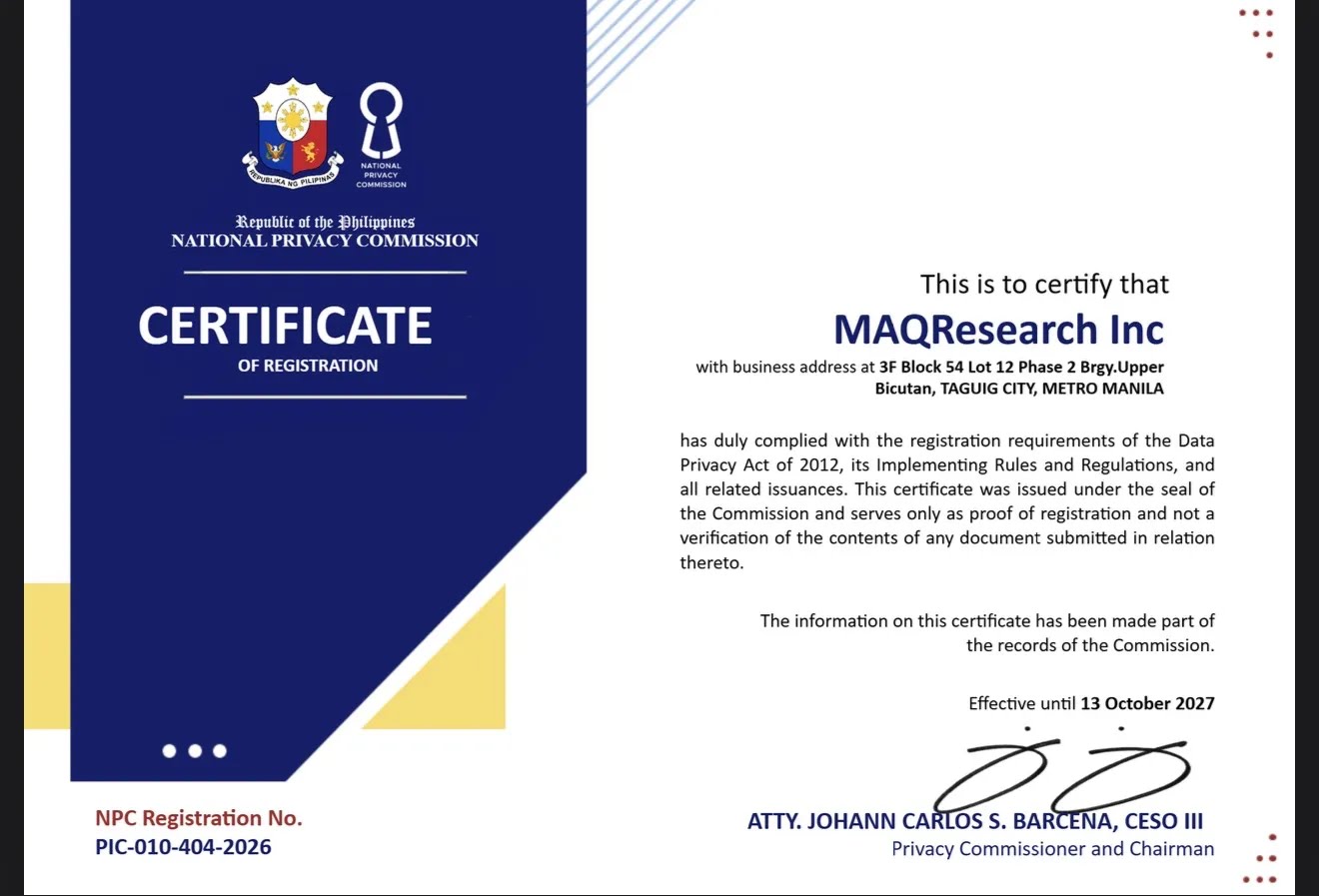 MAQ Research Inc. data privacy certificate